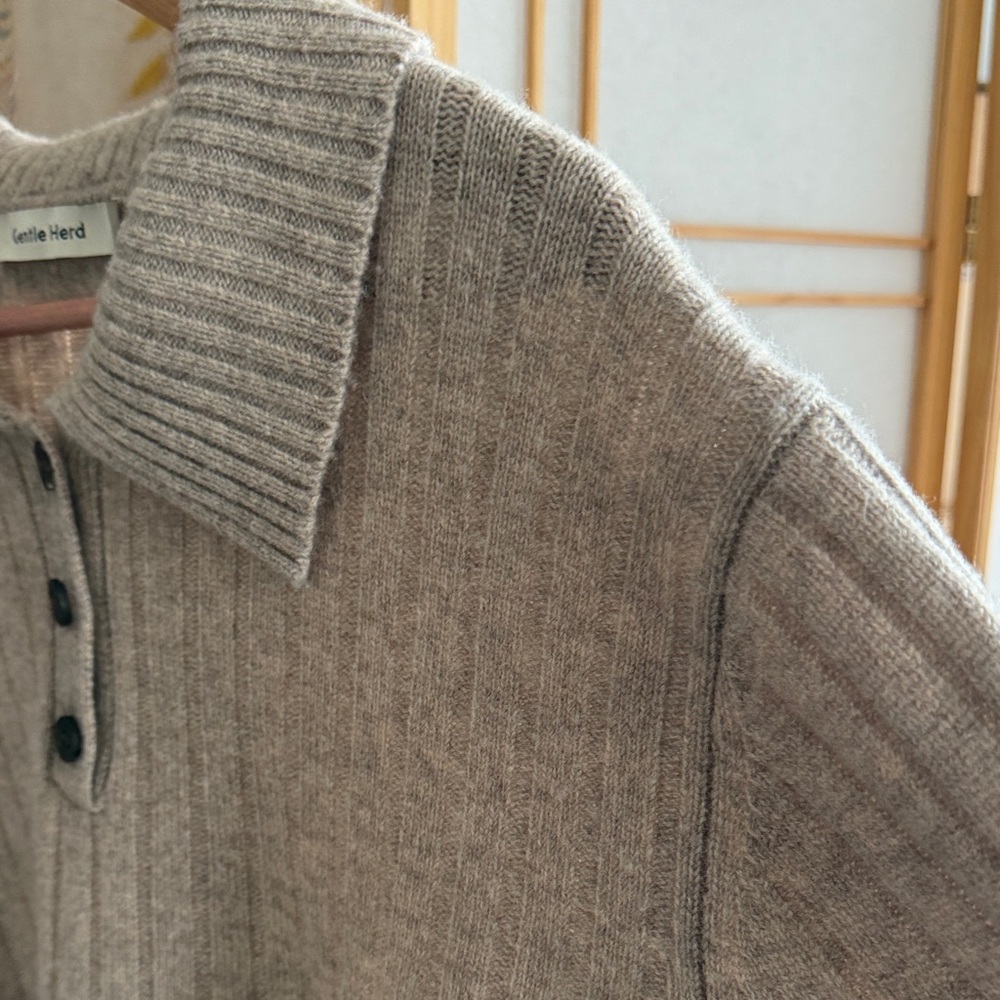 Gentle Herd Ribbed Collared Sweater Taupe Wool Blend Pullover Size L - Picture 5 of 14